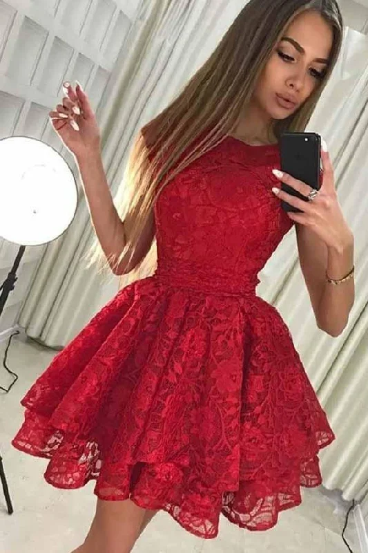 Party dresses with a one - shoulder design for a modern and unique lookA-Line Round Neck Short Red Lace Homecoming Party Dress PD228 Party dresses with a one - shoulder design for a modern and unique lookA-Line Round Neck Short Red Lace Homecoming Party Dress PD228