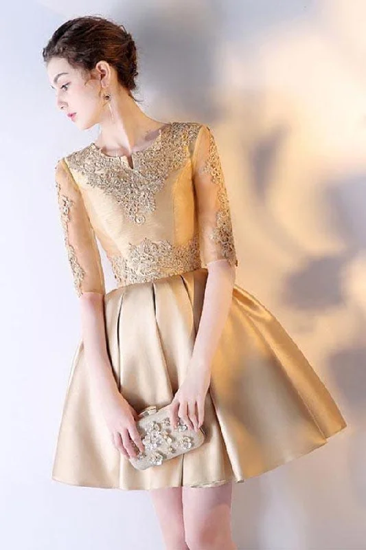 Party dresses with a paisley pattern for a bohemian - inspired look​A-line Short Sleeves Gold Lace Satin Short Prom Dress Homecoming Dress PD212