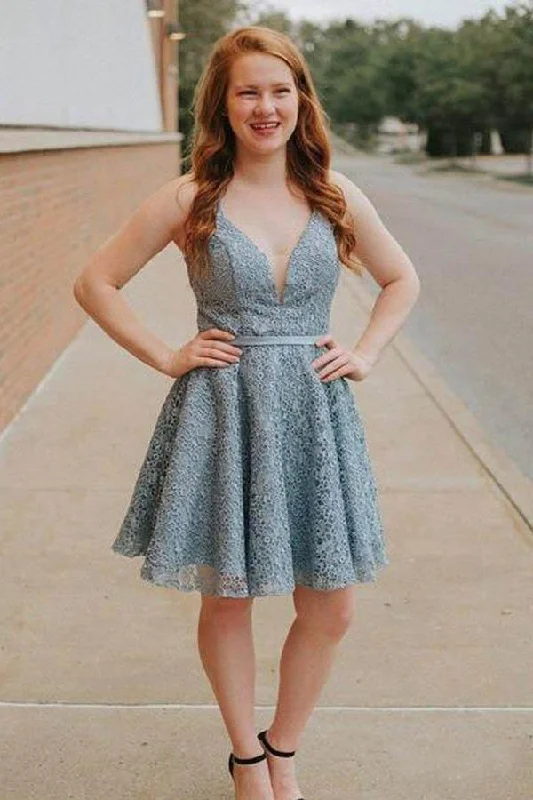 Prom party dresses with a glamorous and elegant aestheticA-Line Spaghetti Straps Backless Above-Knee Blue Lace Homecoming Dress PD273 Prom party dresses with a glamorous and elegant aestheticA-Line Spaghetti Straps Backless Above-Knee Blue Lace Homecoming Dress PD273