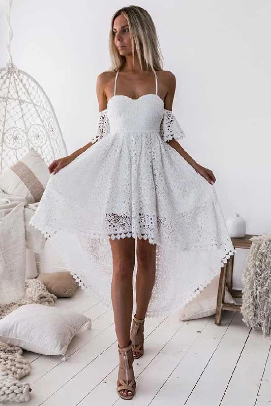 Retro - style party dresses inspired by the 1920s - 1980sA-Line Straps Off-the-shoulder High Low White Lace Homecoming Dress PD013 Retro - style party dresses inspired by the 1920s - 1980sA-Line Straps Off-the-shoulder High Low White Lace Homecoming Dress PD013