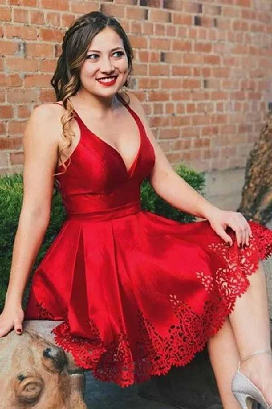 Party dresses with a tiered skirt for a fun and voluminous styleA-Line V-Neck Pleated Short Red Satin Homecoming Dress PD026 Party dresses with a tiered skirt for a fun and voluminous styleA-Line V-Neck Pleated Short Red Satin Homecoming Dress PD026