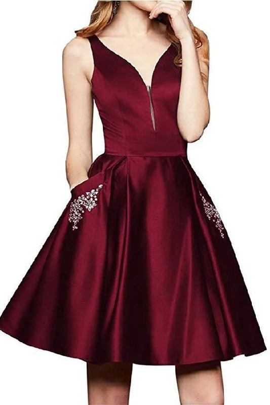 Ball gown party dresses with a full skirt for a princess - like lookA Line V Neck Satin Burgundy Beaded Homecoming Dresses with Pockets PD262 Ball gown party dresses with a full skirt for a princess - like lookA Line V Neck Satin Burgundy Beaded Homecoming Dresses with Pockets PD262