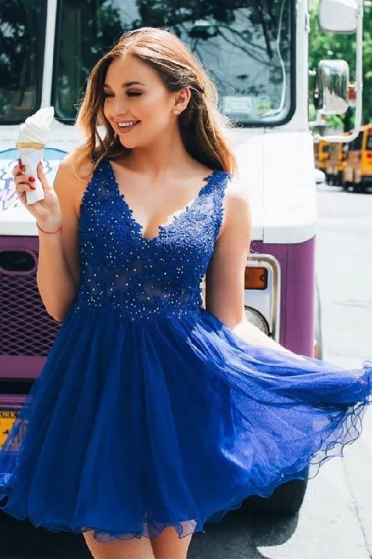 Party dresses with a sheer panel for a hint of allureA Line V Neck Tulle Beaded Royal Blue Homecoming Dresses with Appliques PD261 Party dresses with a sheer panel for a hint of allureA Line V Neck Tulle Beaded Royal Blue Homecoming Dresses with Appliques PD261