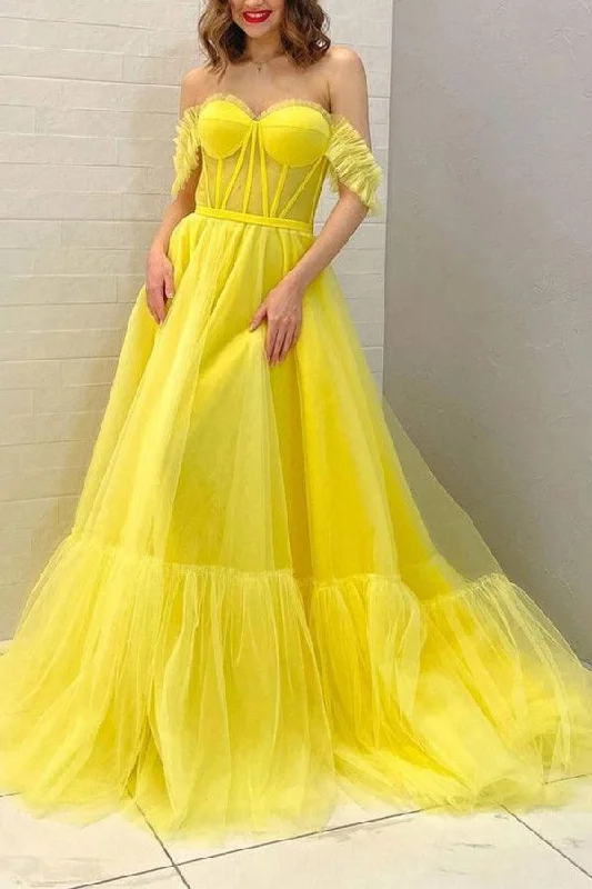 Party dresses with a detachable train for added versatilityA-line Yellow Off The Shoulder Tulle Long Prom Dress Evening Dress PSK294 Party dresses with a detachable train for added versatilityA-line Yellow Off The Shoulder Tulle Long Prom Dress Evening Dress PSK294