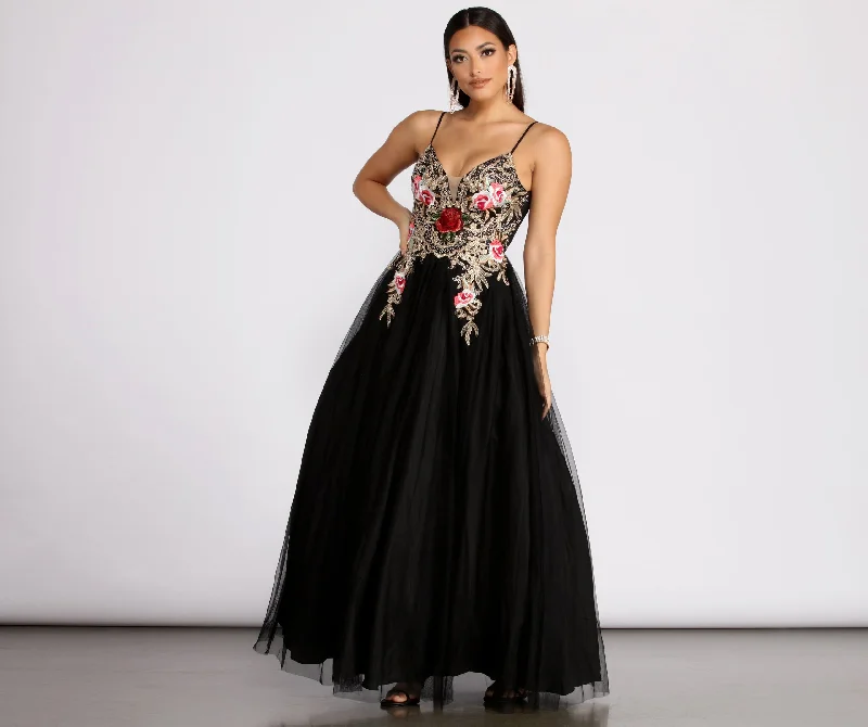 Wedding guest dresses with fringe accents for a bohemian - inspired weddingBiana Embroidered Floral Tulle Ball Gown Wedding guest dresses with fringe accents for a bohemian - inspired weddingBiana Embroidered Floral Tulle Ball Gown