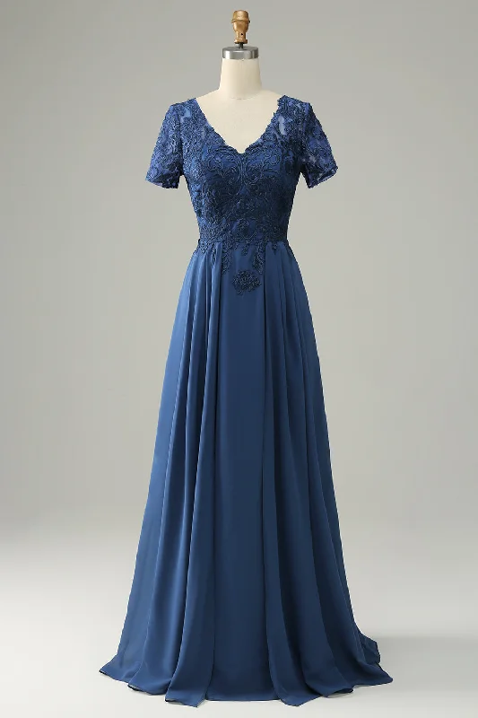 Long - cocktail dresses with a slit and a fitted bodiceBlue A Line Mother of Bride Dress with Appliques Long - cocktail dresses with a slit and a fitted bodiceBlue A Line Mother of Bride Dress with Appliques