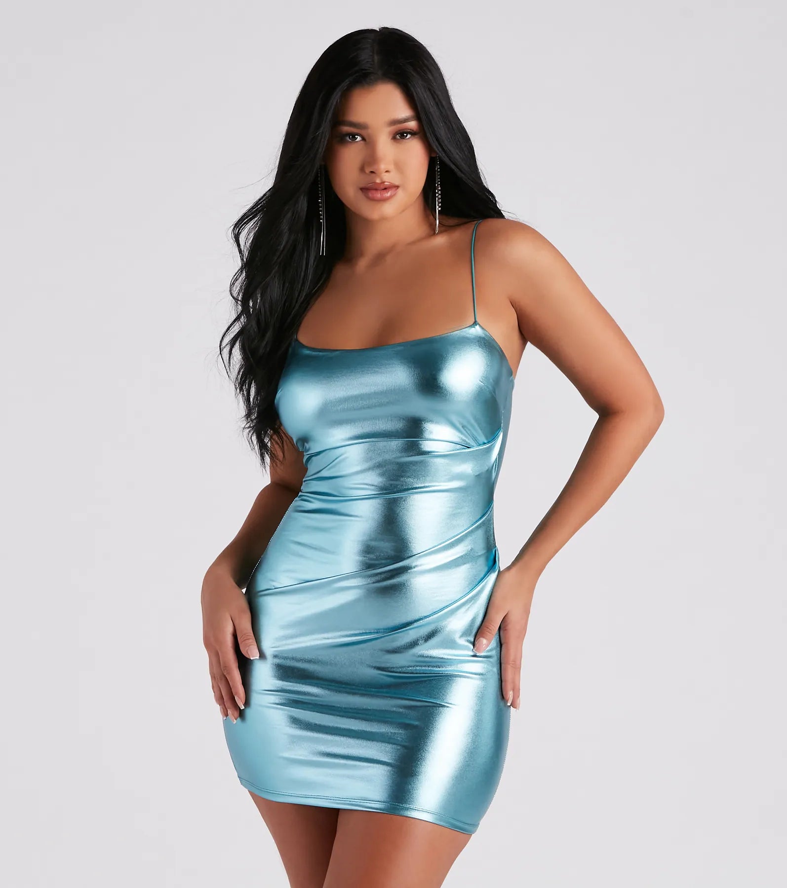 Bodycon dress with a button - down front​Bring That Glow Metallic Mini Dress