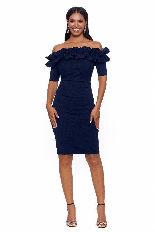 Cocktail dresses with a tiered skirt and a bow at the waist"Brynleigh" Short Scuba Crepe Ruffle Top Dress Cocktail dresses with a tiered skirt and a bow at the waist"Brynleigh" Short Scuba Crepe Ruffle Top Dress