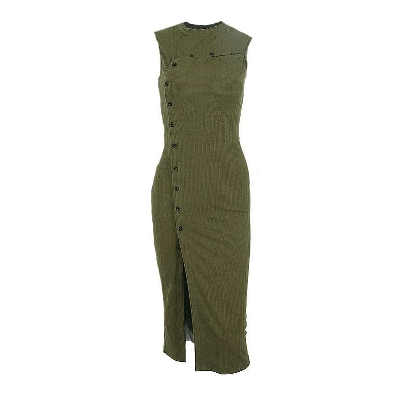 Cocktail dresses with a keyhole back and a midi - lengthBerryBetty - Button hollow out sleeveless ribbed slit 2-way midi dress Cocktail dresses with a keyhole back and a midi - lengthBerryBetty - Button hollow out sleeveless ribbed slit 2-way midi dress