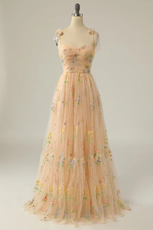 Sheer cocktail dresses with a lining and a short hemChampagne Embroidery Long Prom Dress Sheer cocktail dresses with a lining and a short hemChampagne Embroidery Long Prom Dress