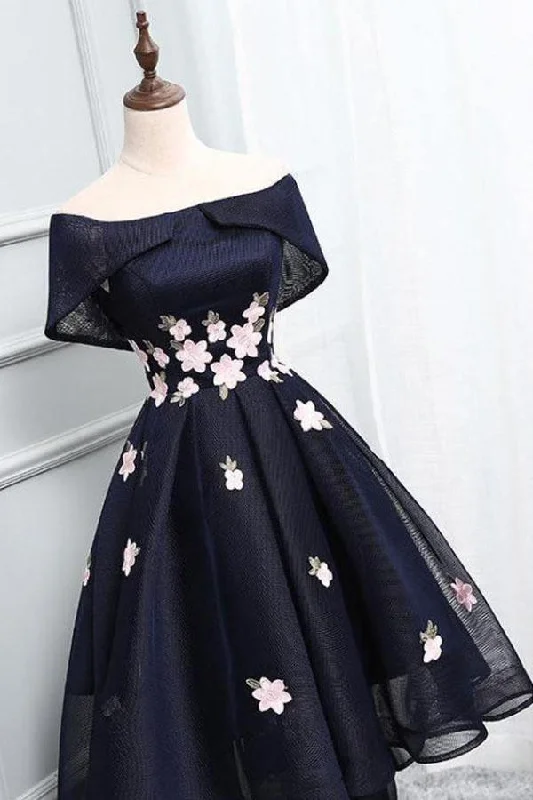 Party dresses with a pom - pom trim for a fun and festive touchChic Off-the-Shoulder Appliques Short High Low Homecoming Dress PD250 Party dresses with a pom - pom trim for a fun and festive touchChic Off-the-Shoulder Appliques Short High Low Homecoming Dress PD250