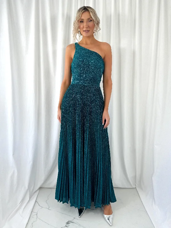 Wedding guest dresses with tiered skirts for a feminine lookCoraly Bright Pleated Maxi Dress with Draped One Shoulder Top - Green Wedding guest dresses with tiered skirts for a feminine lookCoraly Bright Pleated Maxi Dress with Draped One Shoulder Top - Green