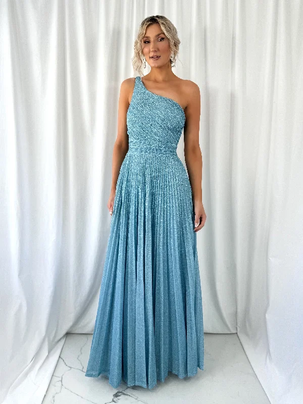 Plaid wedding guest dresses in muted colors for a fall weddingCoraly Bright Pleated Maxi Dress with Draped One Shoulder Top - Light Blue Plaid wedding guest dresses in muted colors for a fall weddingCoraly Bright Pleated Maxi Dress with Draped One Shoulder Top - Light Blue