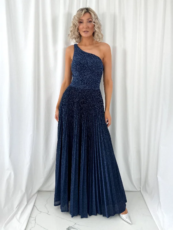 Wedding guest dresses with cut - out details and midi lengthsCoraly Bright Pleated Maxi Dress with Draped One Shoulder Top - Navy Wedding guest dresses with cut - out details and midi lengthsCoraly Bright Pleated Maxi Dress with Draped One Shoulder Top - Navy