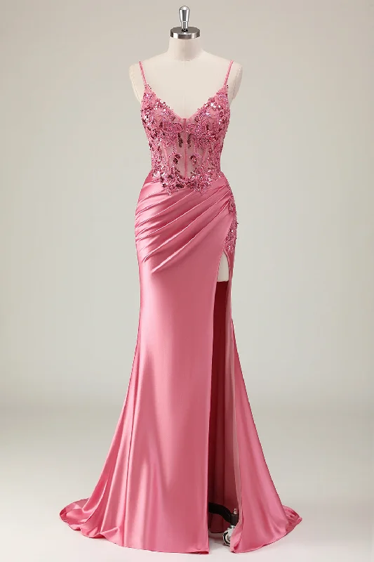 Animal - print cocktail dresses with a V - neck for a fierce lookSparkly Coral Mermaid Sequins Spaghetti Straps Corset Long Prom Dress with Slit