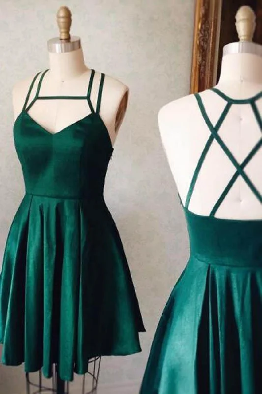 Party dresses with a pom - pom trim for a fun and festive touch​Cute A-line Short Green Satin Homecoming Dress Party Dress  PD127