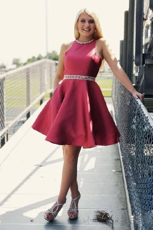 Party dresses with a unique neckline, like a sweetheart or square neckDark Red Homecoming Dresses with Pocket Open Back Short Prom Dress PD269 Party dresses with a unique neckline, like a sweetheart or square neckDark Red Homecoming Dresses with Pocket Open Back Short Prom Dress PD269