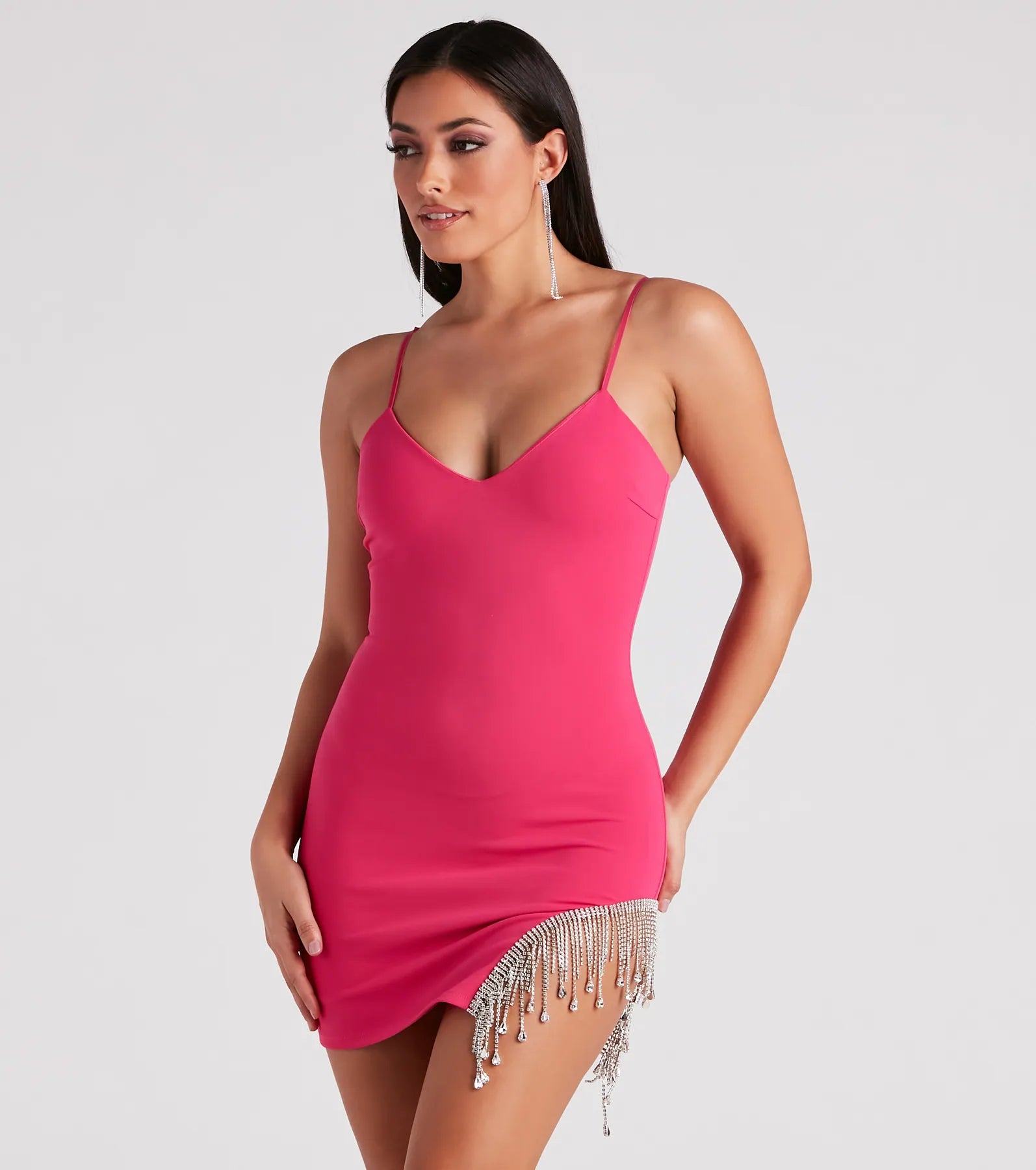 Bodycon dress with a ruffled trim​Dazzle Darling Rhinestone Trim Mini Dress