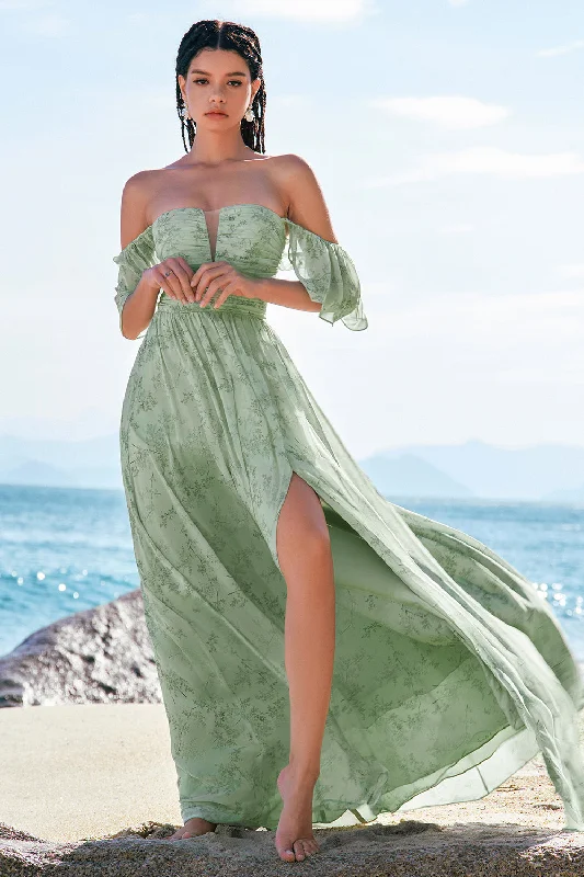 Wedding guest dresses with patchwork designs for a unique lookDusty Sage A-Line Off Shoulder Print Long Bridesmaid Dress with Slit Wedding guest dresses with patchwork designs for a unique lookDusty Sage A-Line Off Shoulder Print Long Bridesmaid Dress with Slit