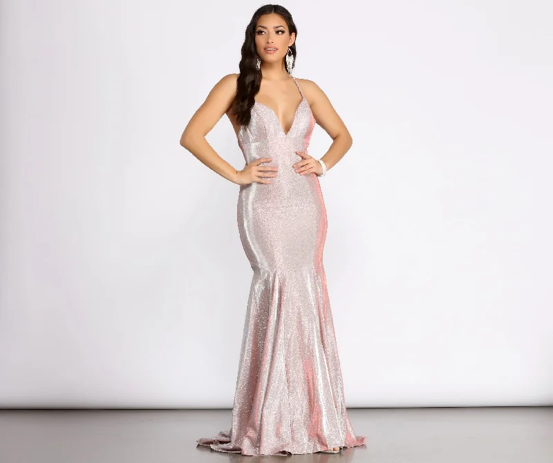 Wedding guest dresses with high - low hems and floral appliquesEvita Formal Glitter Mermaid Dress Wedding guest dresses with high - low hems and floral appliquesEvita Formal Glitter Mermaid Dress