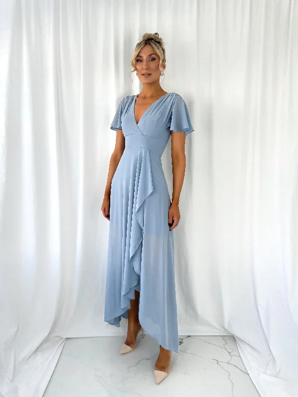 Wedding guest dresses with abstract prints and long trainsGaya Ruffle Dress - Dusty Blue Wedding guest dresses with abstract prints and long trainsGaya Ruffle Dress - Dusty Blue