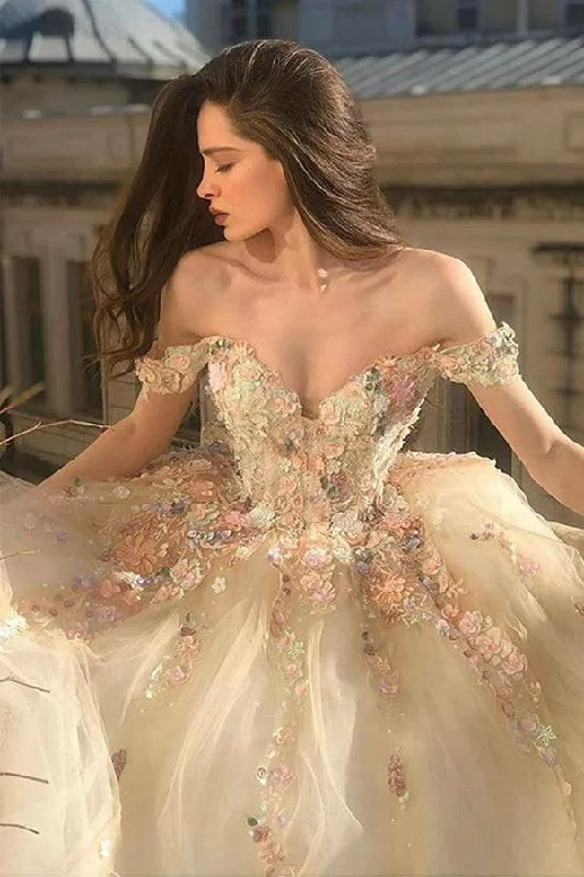 Tulle party dresses with a fairy - tale charm for formal occasionsGorgeous Off Shoulder Champagne Lace Floral Prom Dress Forml Dress PSK289 Tulle party dresses with a fairy - tale charm for formal occasionsGorgeous Off Shoulder Champagne Lace Floral Prom Dress Forml Dress PSK289