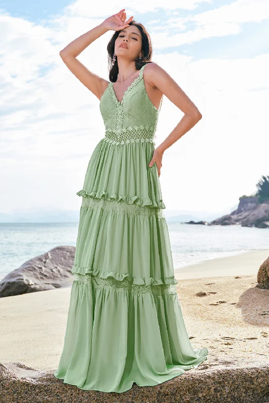 Metallic wedding guest dresses for a glamorous weddingGreen A Line Ruffled Floral Long Bridesmaid Dress with Lace Metallic wedding guest dresses for a glamorous weddingGreen A Line Ruffled Floral Long Bridesmaid Dress with Lace