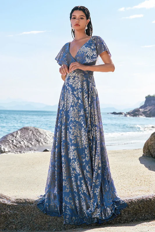Strapless wedding guest dresses with rhinestone - studded bodicesGrey Blue A-Line V Neck Burnout Velvet Printed Long Bridesmaid Dress Strapless wedding guest dresses with rhinestone - studded bodicesGrey Blue A-Line V Neck Burnout Velvet Printed Long Bridesmaid Dress