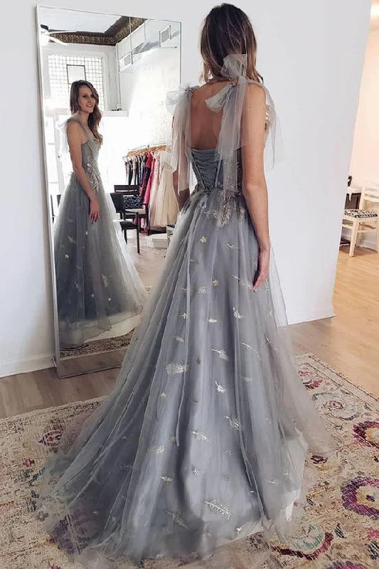 Party dresses with a bow detail for a cute and charming touchGrey Tulle Appliques Long Prom dress Formal Dress With Lace Up PSK301 Party dresses with a bow detail for a cute and charming touchGrey Tulle Appliques Long Prom dress Formal Dress With Lace Up PSK301