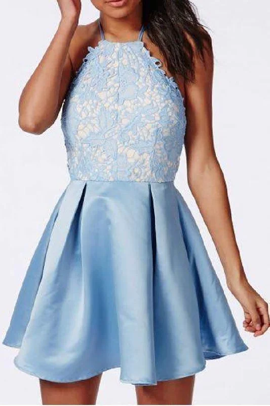 Party dresses with a jacquard pattern for a rich and detailed lookHalter Backless Lace Satin Blue Homecoming Dresses Short Prom Dress PD270 Party dresses with a jacquard pattern for a rich and detailed lookHalter Backless Lace Satin Blue Homecoming Dresses Short Prom Dress PD270
