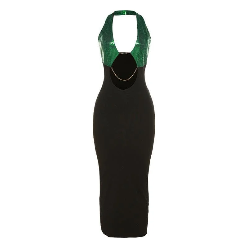 Mini cocktail dresses with a glittery finish for a party - ready styleBerryBetty - Halter hollow out glitter contrast metal chain midi dress Mini cocktail dresses with a glittery finish for a party - ready styleBerryBetty - Halter hollow out glitter contrast metal chain midi dress