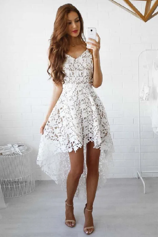 Beach party dresses made of lightweight and breathable fabricA-line High Low Straps Simple White Lace Homecoming/Party Dresses PD022 Beach party dresses made of lightweight and breathable fabricA-line High Low Straps Simple White Lace Homecoming/Party Dresses PD022