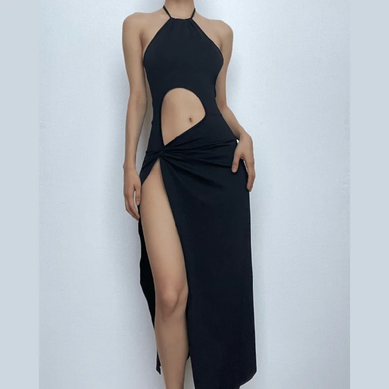 Long - cocktail dresses with a slit and a fitted bodiceBerryBetty - Hollow out solid halter backless slit ruched midi dress Long - cocktail dresses with a slit and a fitted bodiceBerryBetty - Hollow out solid halter backless slit ruched midi dress