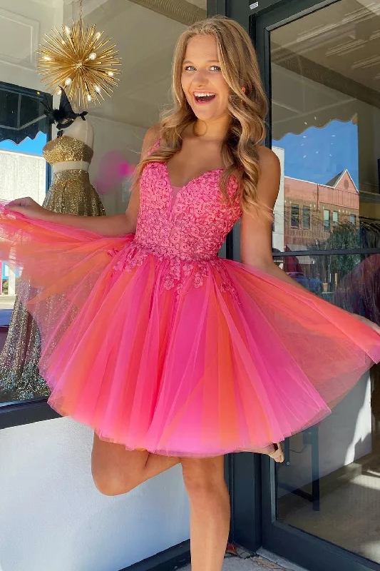 Sleeveless party dresses made of silk for a luxurious feelHot Pink A-Line Tulle Short Prom Dress with Lace Sleeveless party dresses made of silk for a luxurious feelHot Pink A-Line Tulle Short Prom Dress with Lace