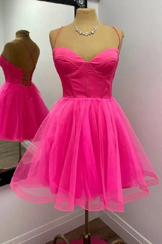 Party dresses with a tiered skirt for a fun and voluminous styleA-line Hot Pink Homecoming Dress Short Party Dress PD533 Party dresses with a tiered skirt for a fun and voluminous styleA-line Hot Pink Homecoming Dress Short Party Dress PD533
