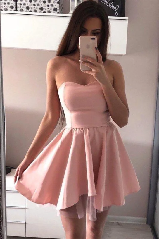 Party dresses with a V - neck design to enhance the necklineA-line Pink Sweetheart Satin Homecoming Dresses PD244 Party dresses with a V - neck design to enhance the necklineA-line Pink Sweetheart Satin Homecoming Dresses PD244