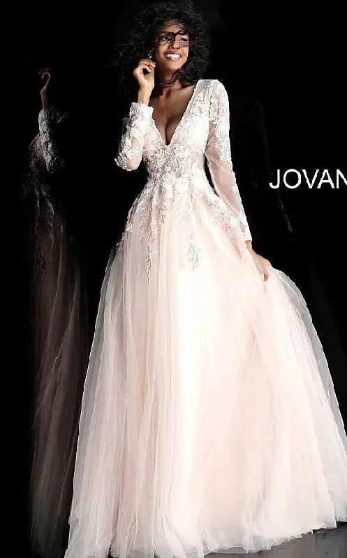 Bodycon dress with a lace - up front​Jovani 67393 Sheer Long Sleeve Prom Ball Gown