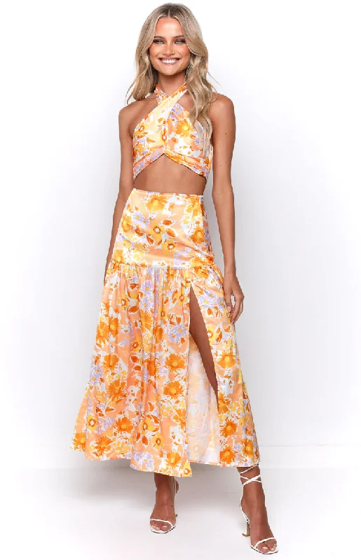 Wedding guest dresses with button - down fronts and A - line silhouettesJuniper Orange Floral Maxi Skirt Wedding guest dresses with button - down fronts and A - line silhouettesJuniper Orange Floral Maxi Skirt