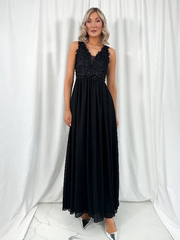 Mini wedding guest dresses with glittery accents for a trendy lookLaetitia Maxi Dress with Embroidered Top - Black Mini wedding guest dresses with glittery accents for a trendy lookLaetitia Maxi Dress with Embroidered Top - Black