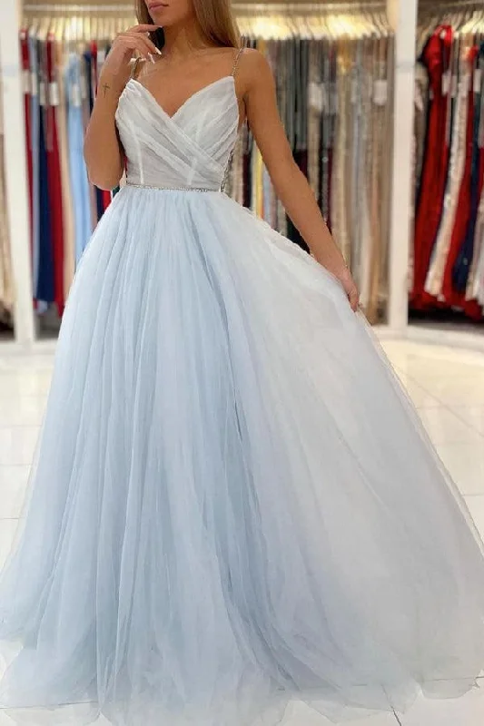 Party dresses with a geometric pattern for a contemporary lookLight Blue Tulle Long Prom Dresses Backless Formal Gown PSK299 Party dresses with a geometric pattern for a contemporary lookLight Blue Tulle Long Prom Dresses Backless Formal Gown PSK299