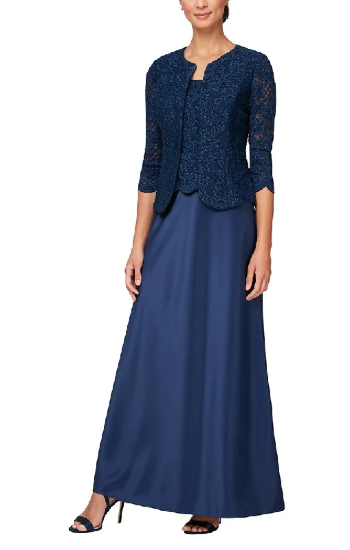 Wedding guest dresses with cold - shoulder ruffled sleeves and knee - length hemsLong Lace & Satin Jacket Dress with Open Jacket and Scoop Neck Bodice Wedding guest dresses with cold - shoulder ruffled sleeves and knee - length hemsLong Lace & Satin Jacket Dress with Open Jacket and Scoop Neck Bodice