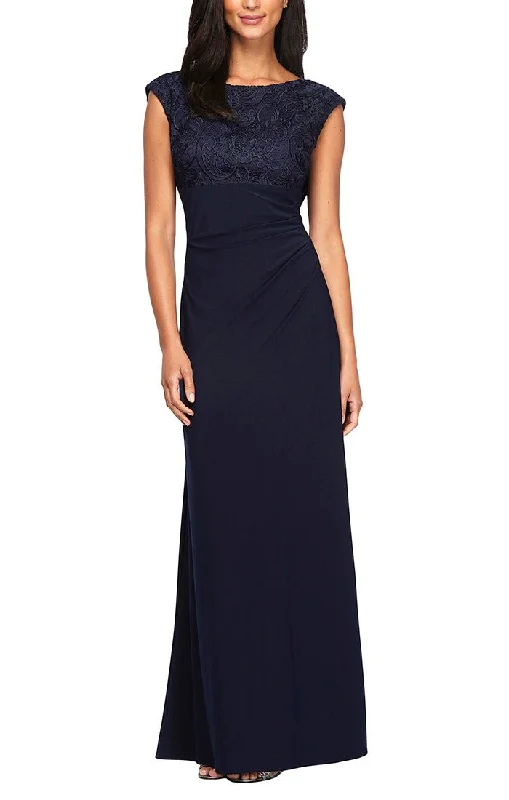 Wedding guest dresses with cold - shoulder designs and solid colorsLong Empire Waist Lace and Jersey Gown with Side Ruched Skirt and Cowl Back Detail Wedding guest dresses with cold - shoulder designs and solid colorsLong Empire Waist Lace and Jersey Gown with Side Ruched Skirt and Cowl Back Detail