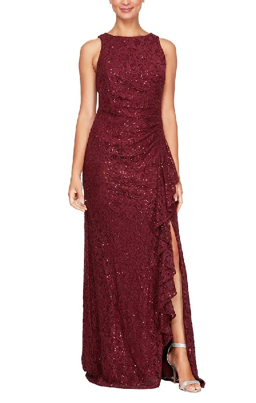 Wedding guest dresses with gathered skirts and V - necklinesLong Sleeveless Lace Dress with Cascade Ruffle Front Slit Detail Wedding guest dresses with gathered skirts and V - necklinesLong Sleeveless Lace Dress with Cascade Ruffle Front Slit Detail