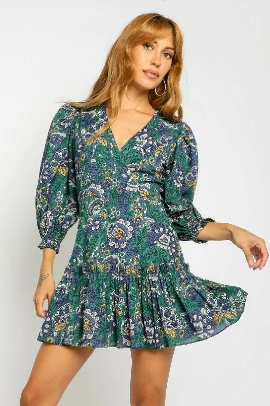 Wedding guest dresses with belted waists and knee - length skirtsLoretta Green Floral Print Mini Dress