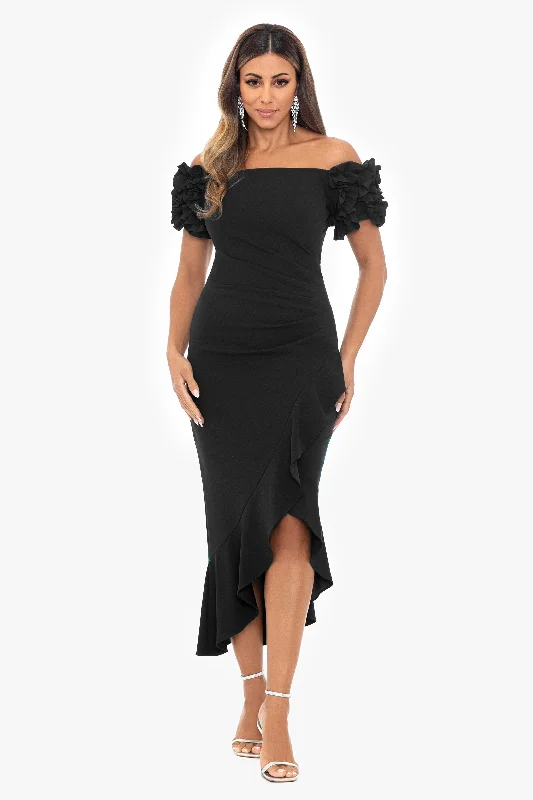 Ruffled cocktail dresses with a knee - length hem for a feminine appeal"Loretta" Scuba Crepe Off the Shoulder Ruffle Sleeve Midi Dress Ruffled cocktail dresses with a knee - length hem for a feminine appeal"Loretta" Scuba Crepe Off the Shoulder Ruffle Sleeve Midi Dress
