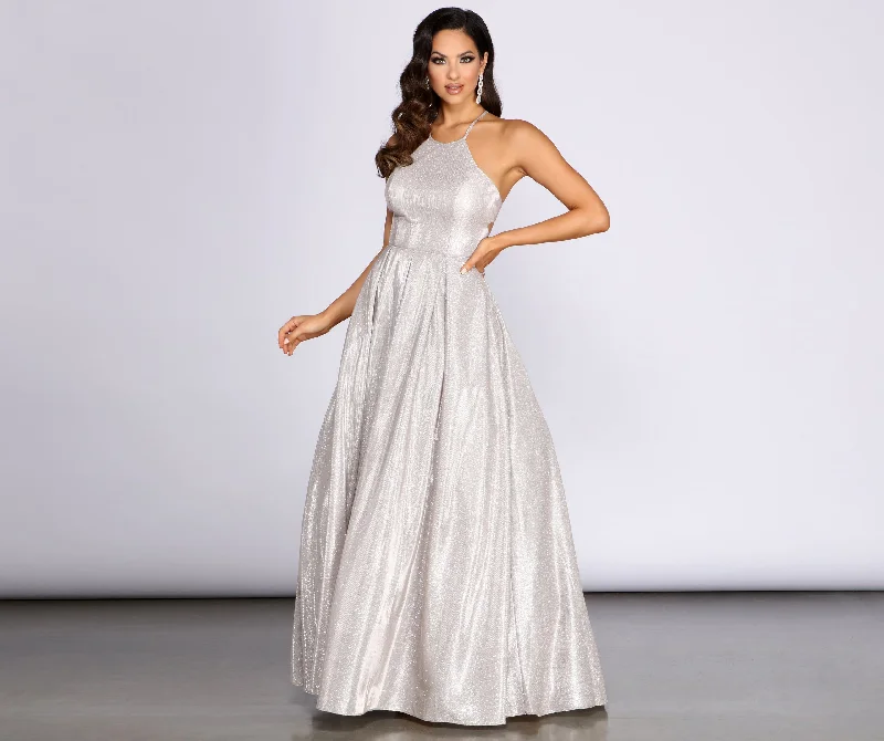 Sheath - style wedding guest dresses with lace overlaysMilana Glitter Shine High Neck Ball Gown Sheath - style wedding guest dresses with lace overlaysMilana Glitter Shine High Neck Ball Gown