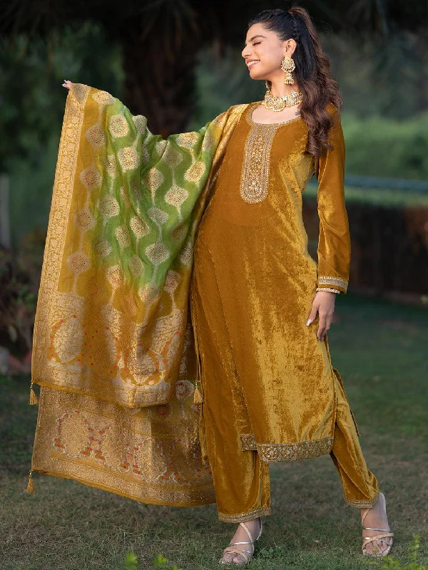 Satin - lined cocktail dresses with a lace outer layerMustard Yoke Design Velvet Straight Suit With Dupatta Satin - lined cocktail dresses with a lace outer layerMustard Yoke Design Velvet Straight Suit With Dupatta