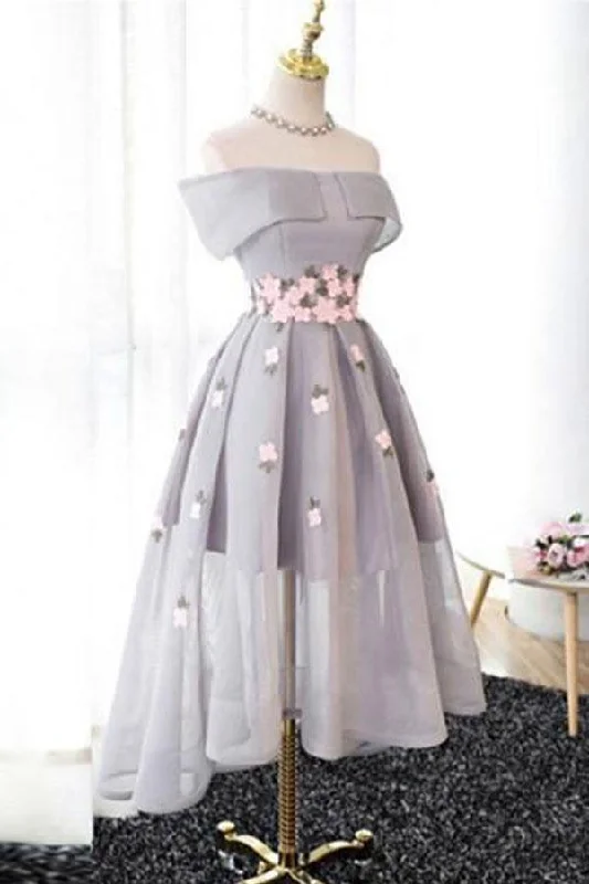 Velvet party dresses in rich jewel tones for a sophisticated appearanceOff-the-Shoulder High Low Grey Tulle Homecoming Dress With Appliques PD243 Velvet party dresses in rich jewel tones for a sophisticated appearanceOff-the-Shoulder High Low Grey Tulle Homecoming Dress With Appliques PD243