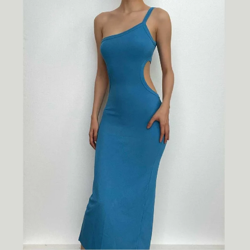 Cocktail dresses with a metallic - embroidered pattern and a midi - hemBerryBetty - One shoulder hollow out solid slit ribbed midi dress Cocktail dresses with a metallic - embroidered pattern and a midi - hemBerryBetty - One shoulder hollow out solid slit ribbed midi dress