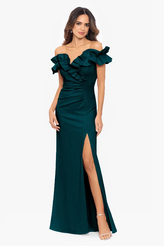 Bow - backed cocktail dresses with a fit - and - flare silhouette"Pandora" Long Scuba Crepe Ruffle Top Dress Bow - backed cocktail dresses with a fit - and - flare silhouette"Pandora" Long Scuba Crepe Ruffle Top Dress